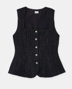 Top en tweed avec fils lurex et bouton fantaisie