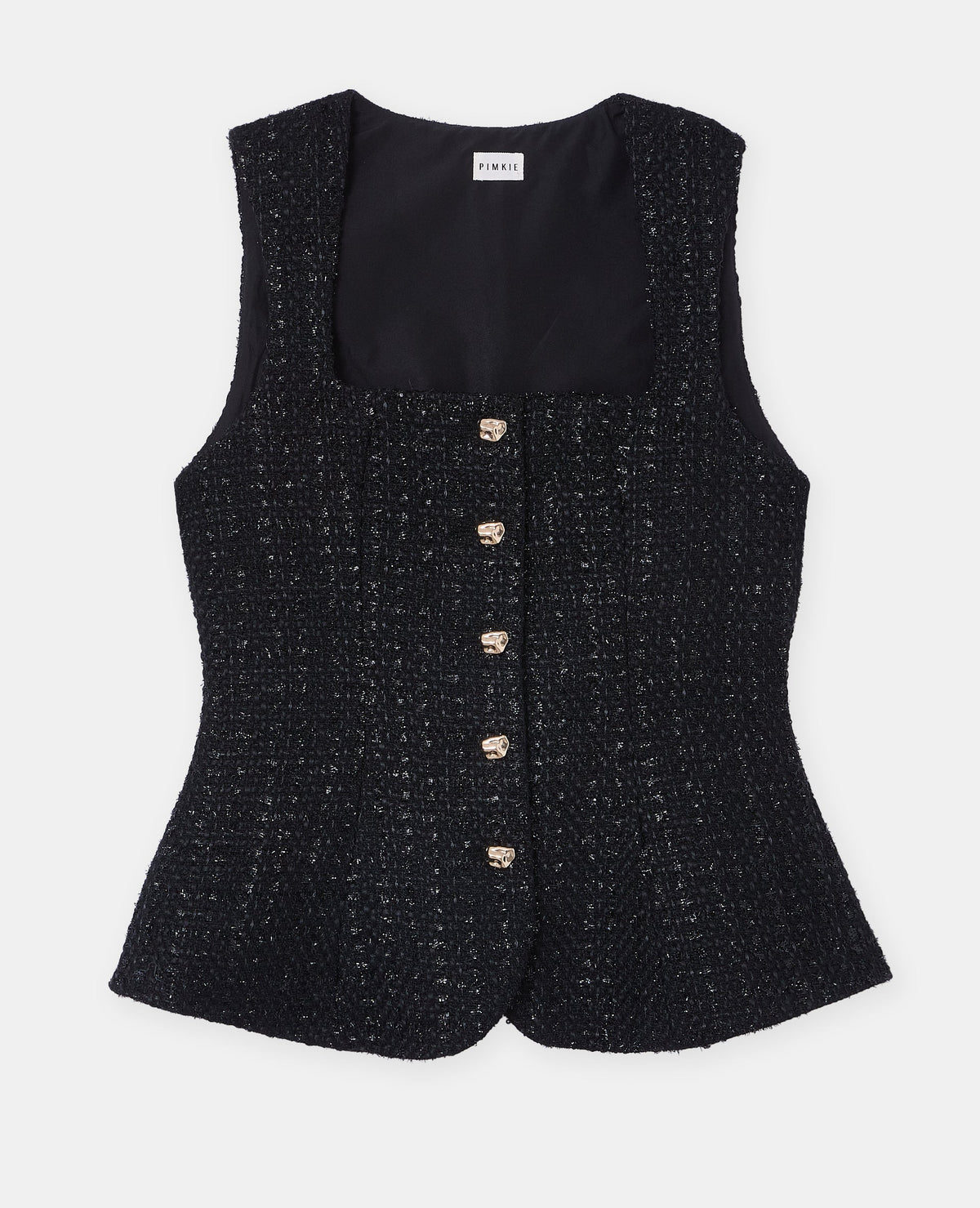 Top en tweed avec fils lurex et bouton fantaisie