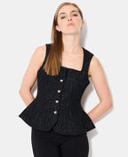 Top en tweed avec fils lurex et bouton fantaisie