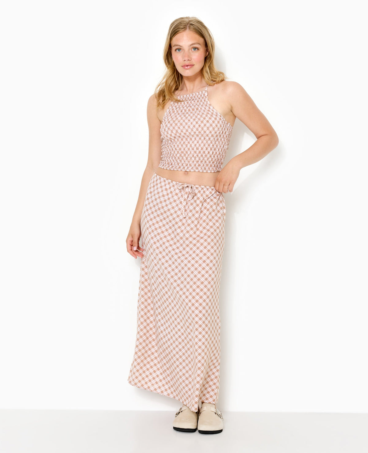 Jupe longue ceinture élastiquée motif carreaux
