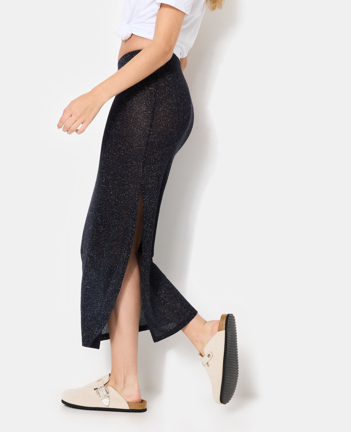 Jupe longue en maille avec fils lurex