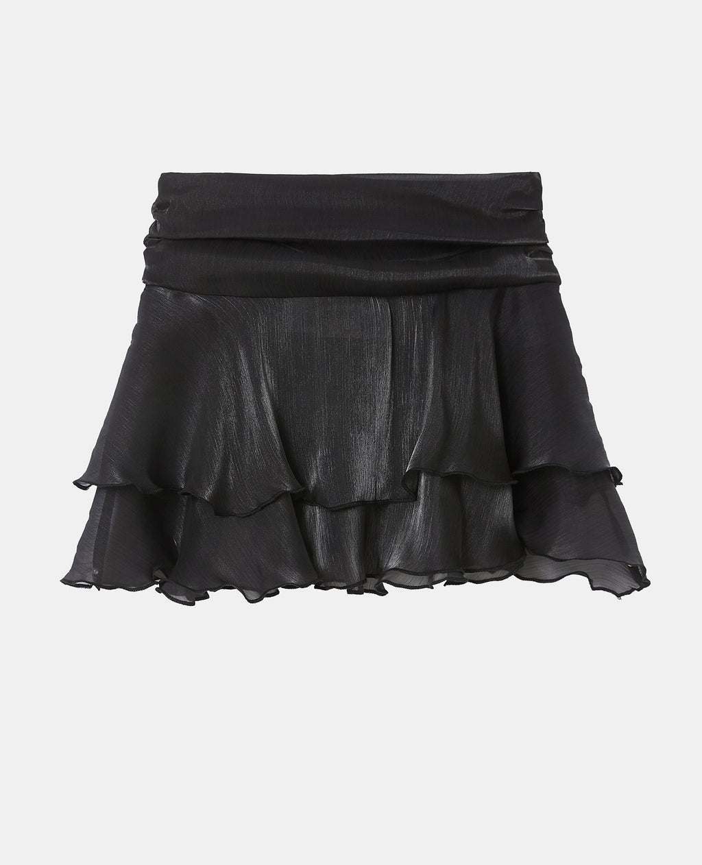 Jupe courte en voile brillant avec drapés et volants