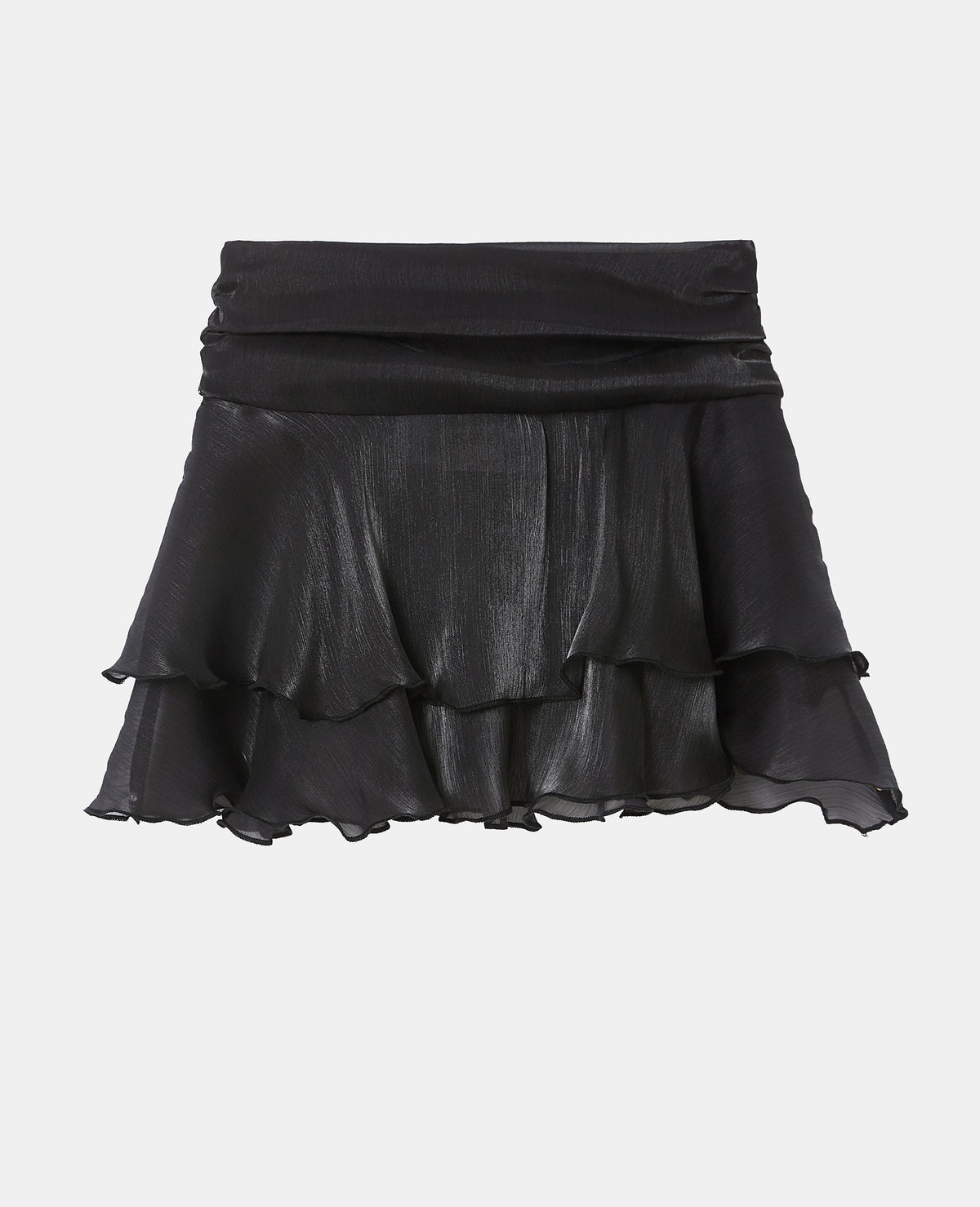 Jupe courte en voile brillant avec drapés et volants