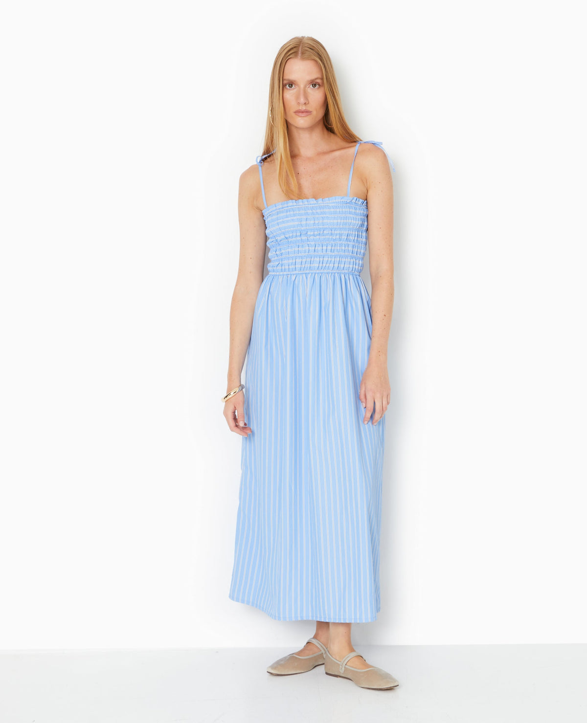Robe longue avec smocks motif rayures