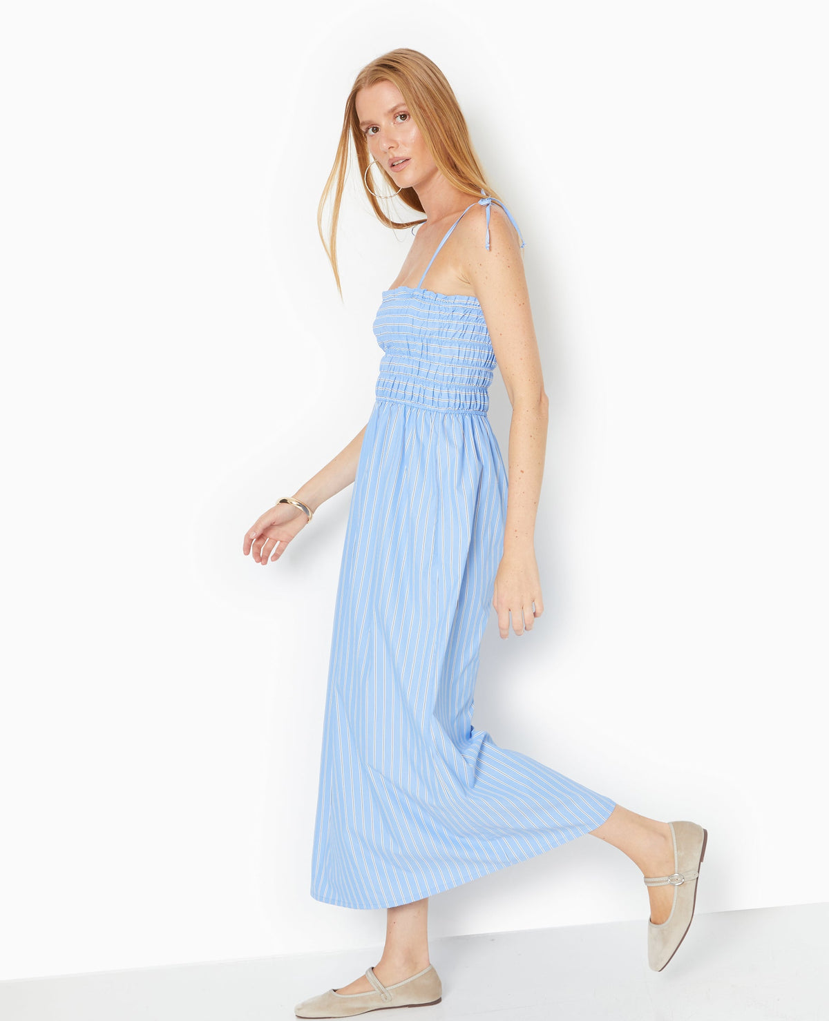 Robe longue avec smocks motif rayures