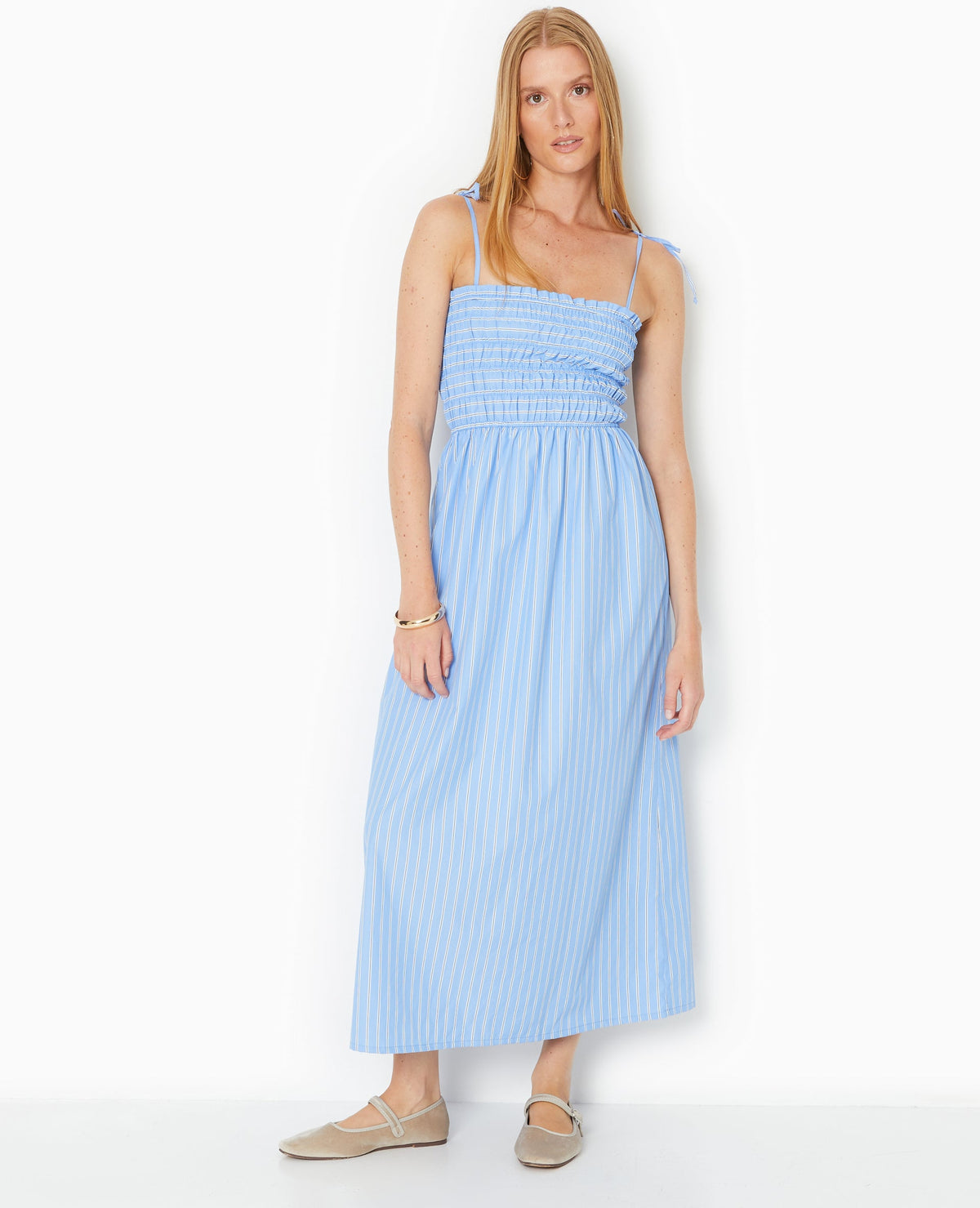 Robe longue avec smocks motif rayures