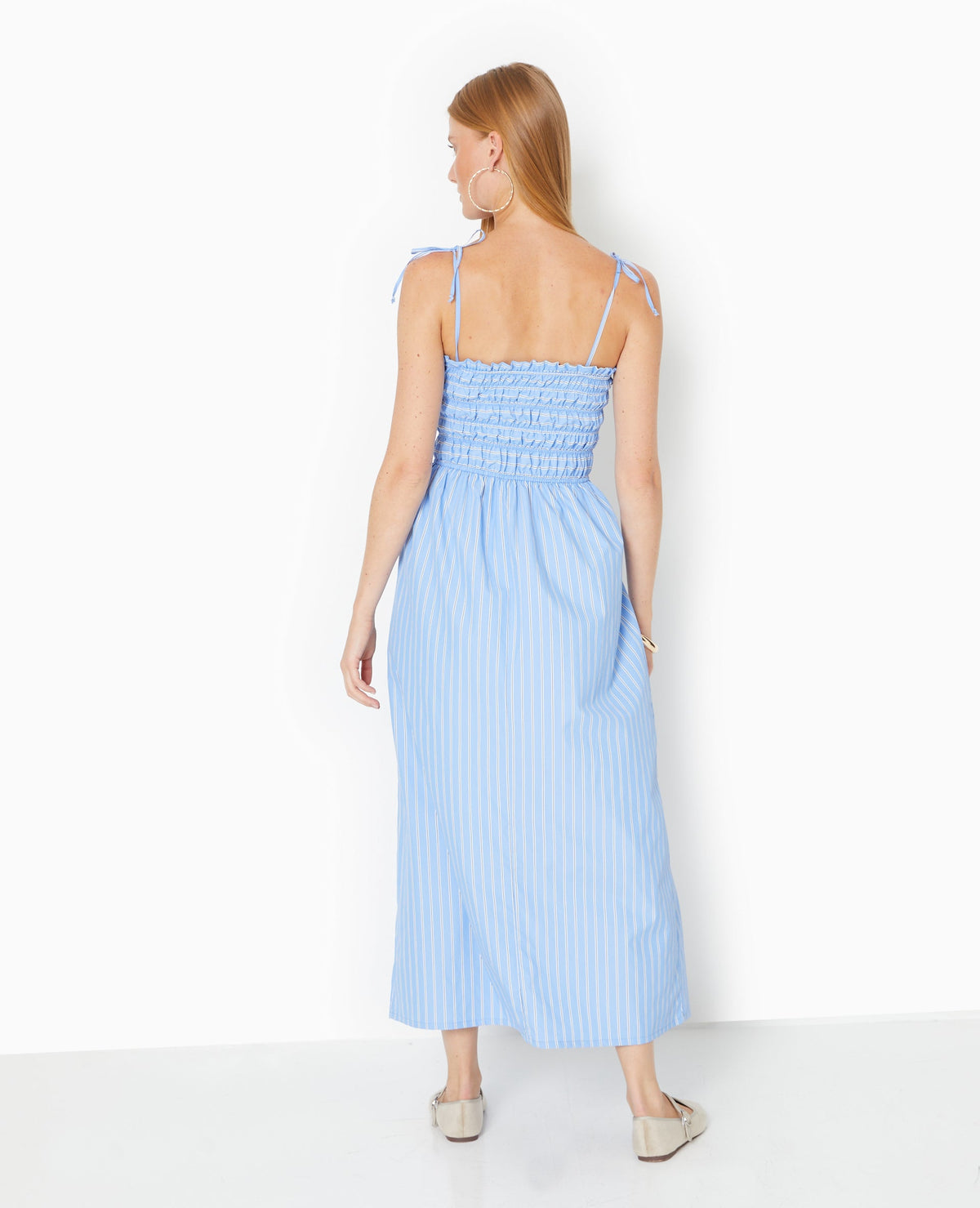 Robe longue avec smocks motif rayures