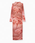 Robe longue en maille résille motif roses