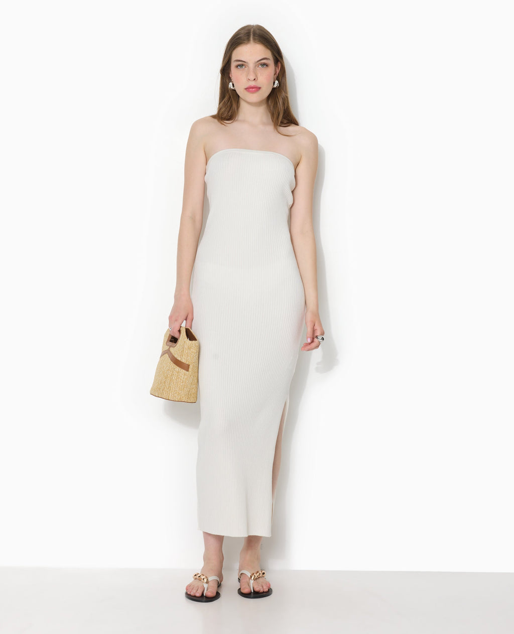 Robe longue bustier en maille côtelée