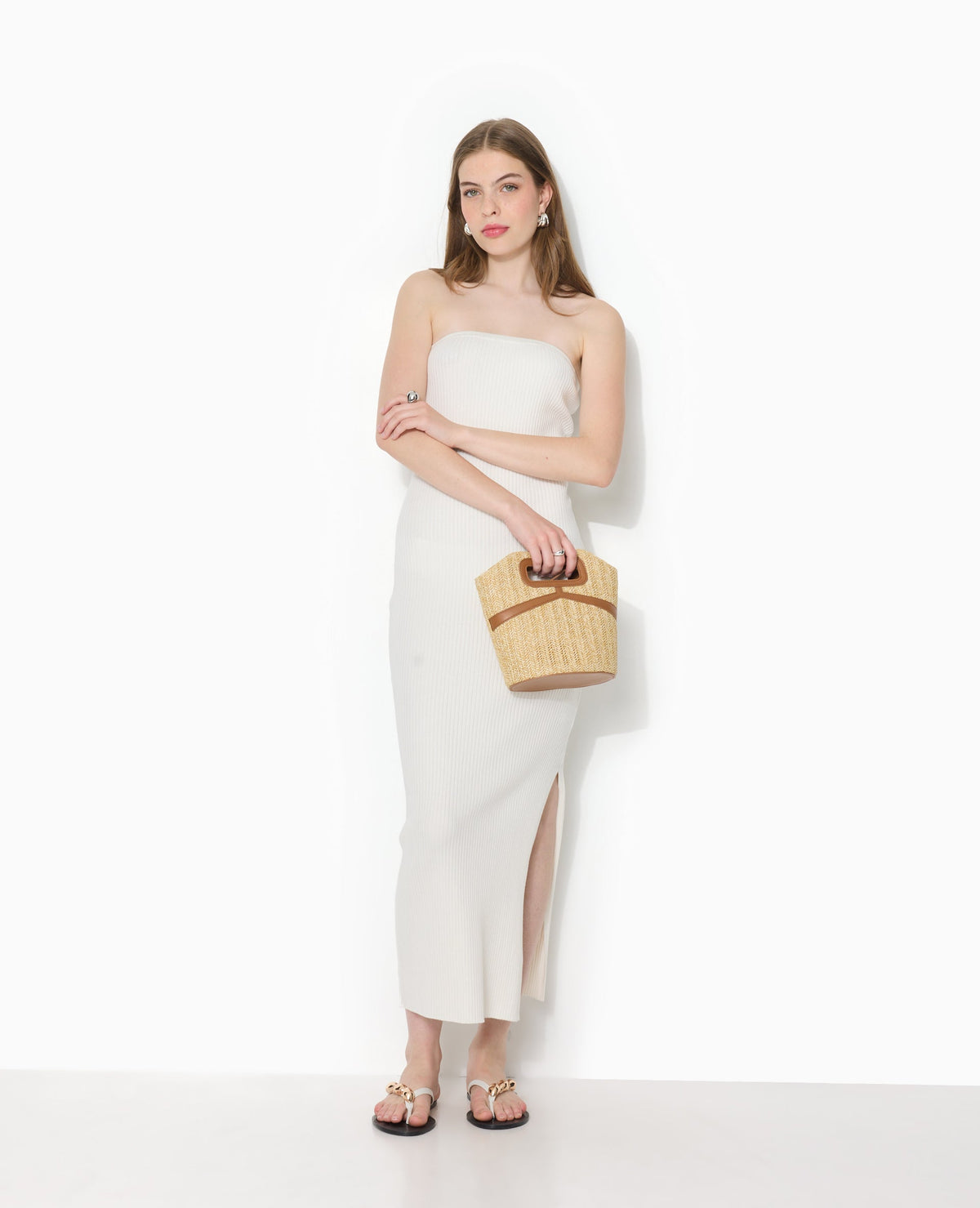 Robe longue bustier en maille côtelée