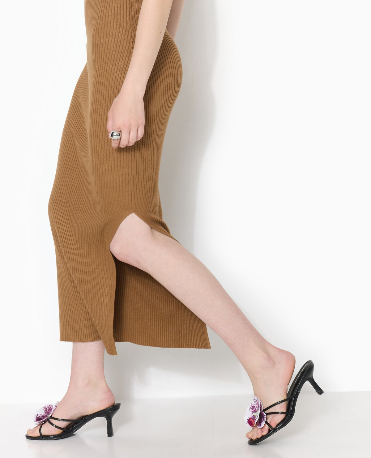 Robe longue bustier en maille côtelée