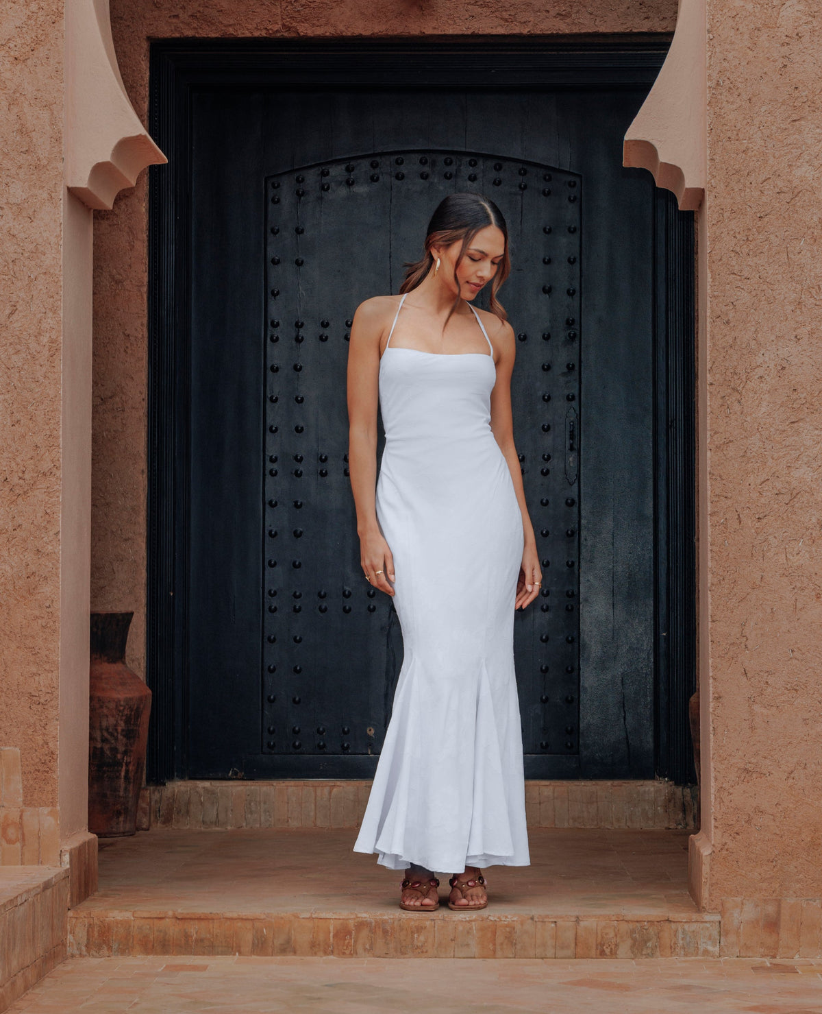 Robe longue évasée effet sirène avec bretelles