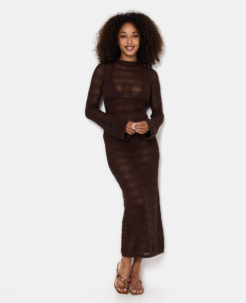 Robe longue dos-nu en maille ajourée