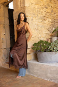 Robe longue satin avec galons dentelle