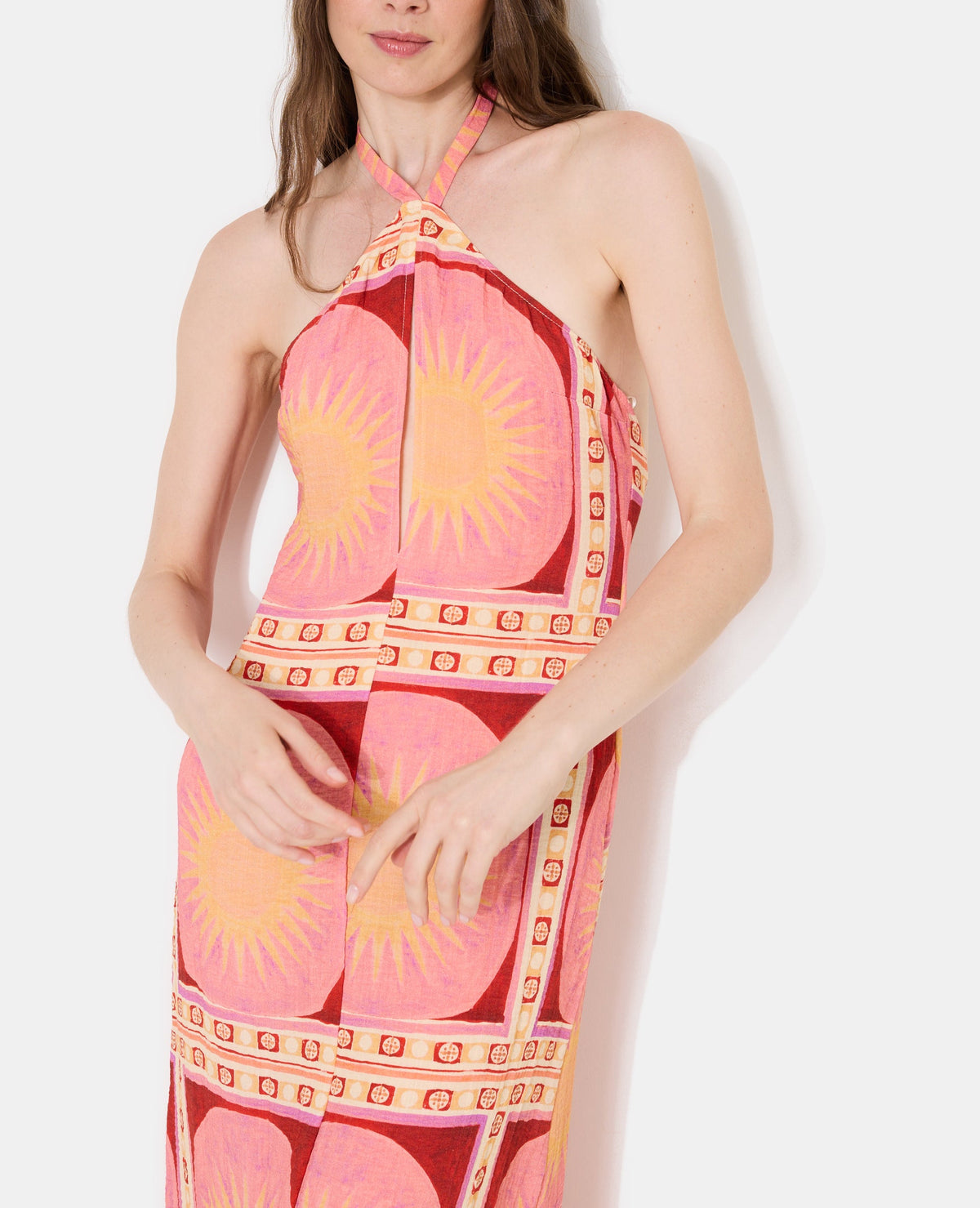 Robe longue dos-nu motif soleils