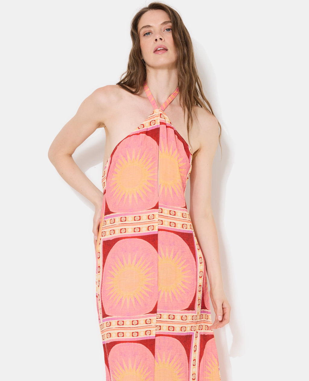 Robe longue dos-nu motif soleils
