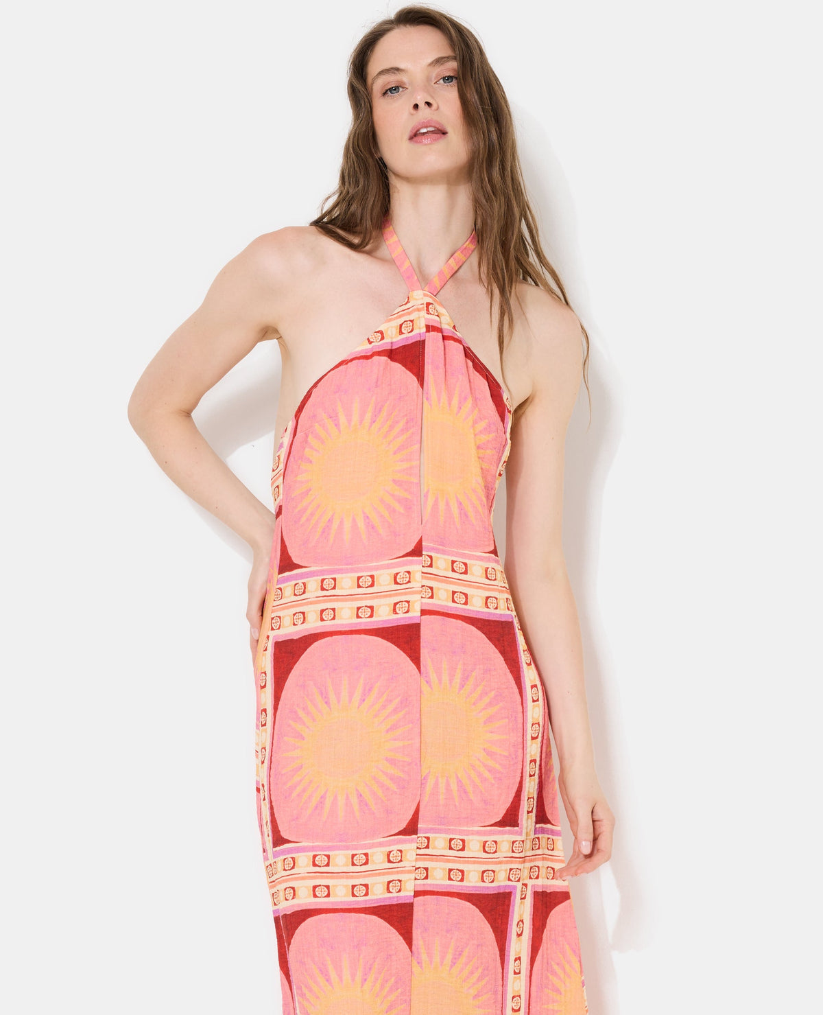 Robe longue dos-nu motif soleils