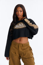 T-shirt court à manches longues Von Dutch à imprimé léopard Splash – Noir