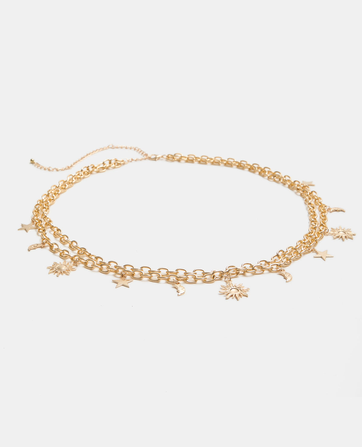 Ceinture chaîne double rangée avec lunes, étoiles et soleils