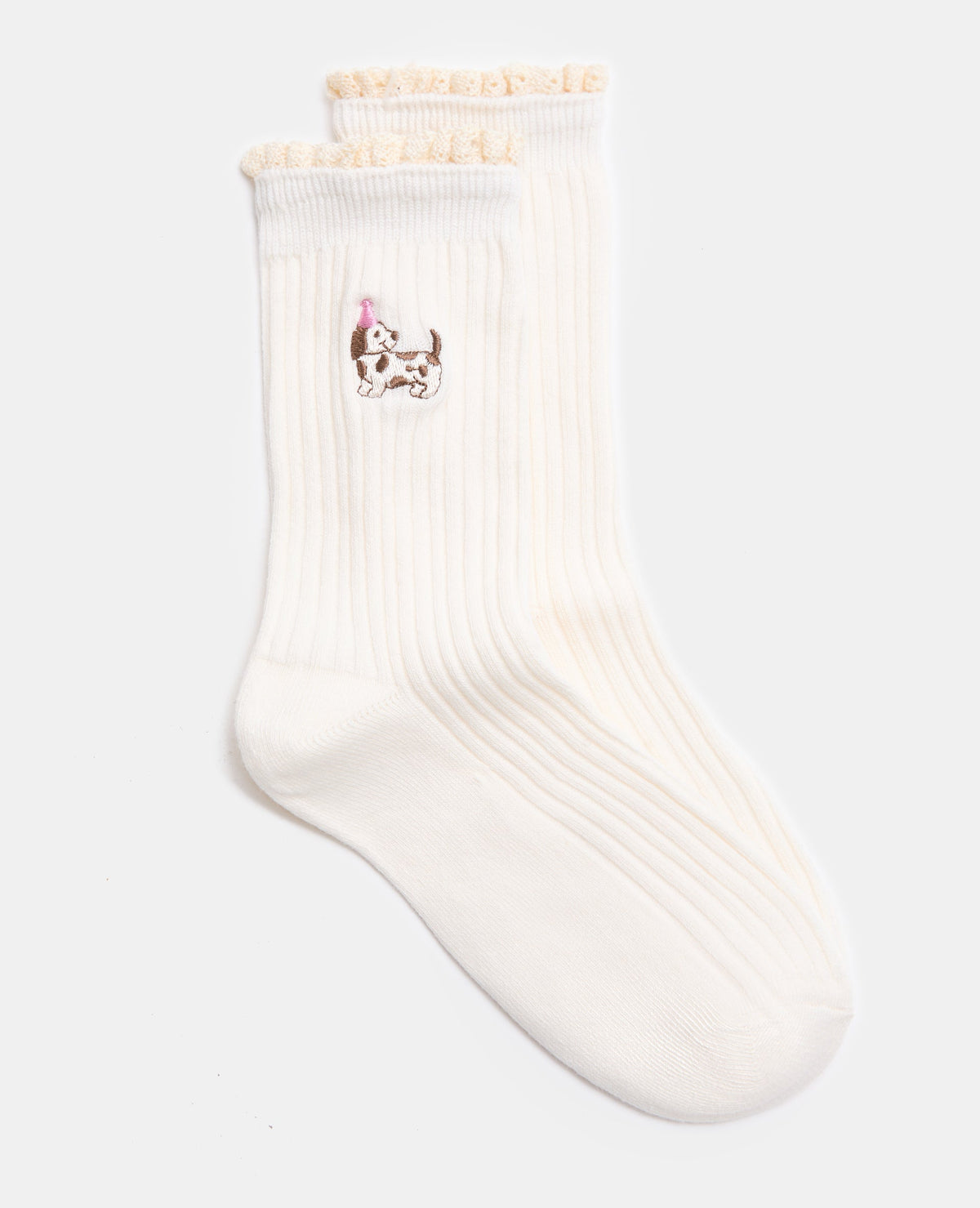 Paire de chaussettes avec chien brodé et dentelle