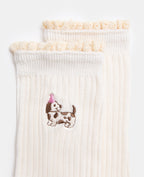 Paire de chaussettes avec chien brodé et dentelle