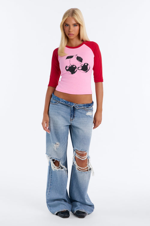 T-shirt ajusté raglan à manches 3/4 et strass Cherry Gloss - Rose/multicolore