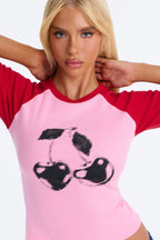 T-shirt ajusté raglan à manches 3/4 et strass Cherry Gloss - Rose/multicolore