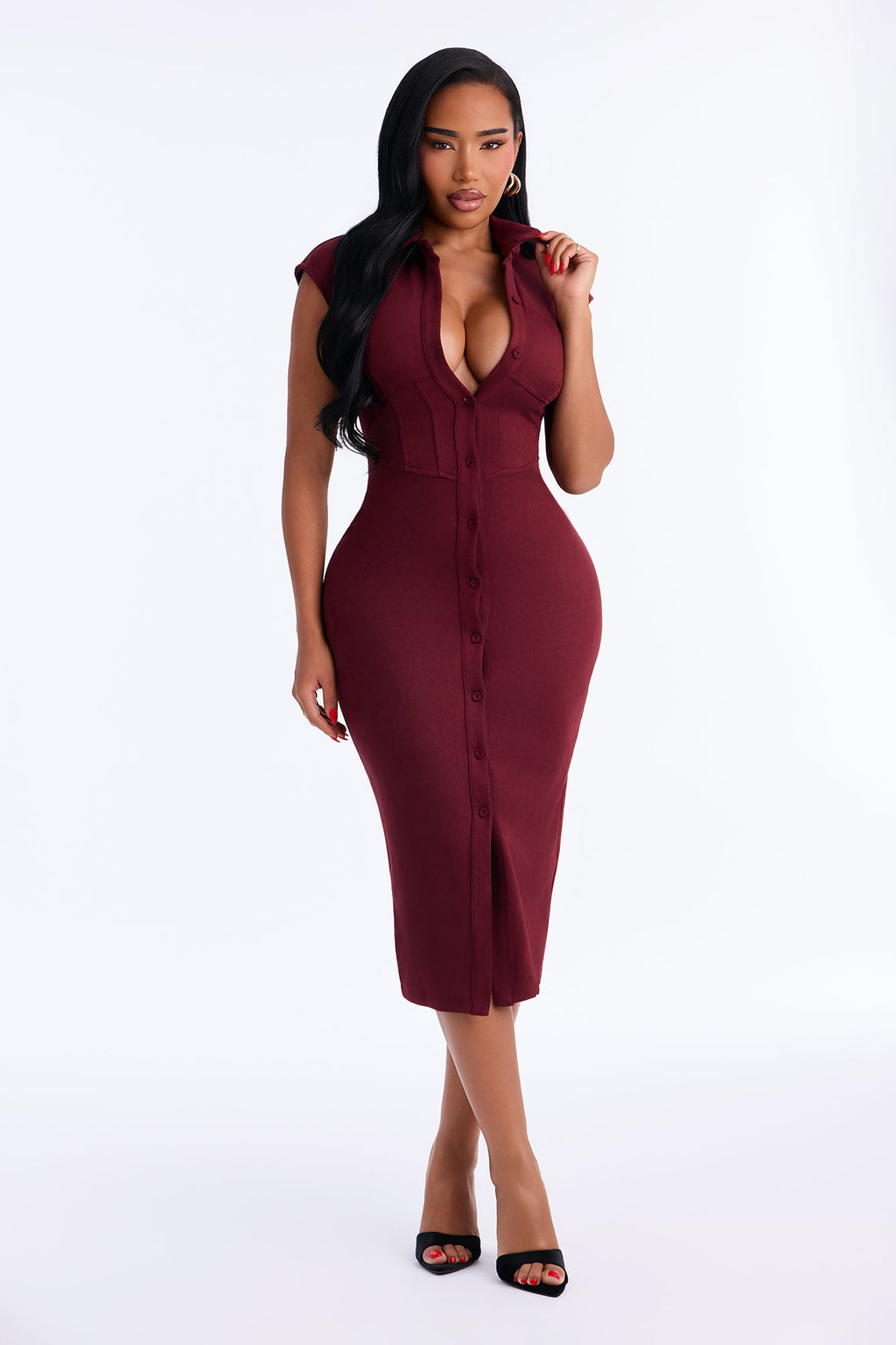 Robe midi chemise en daim boutonnée Imani - Lie de vin