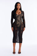 Robe mi-longue Night Cap en dentelle transparente à manches longues - Noire