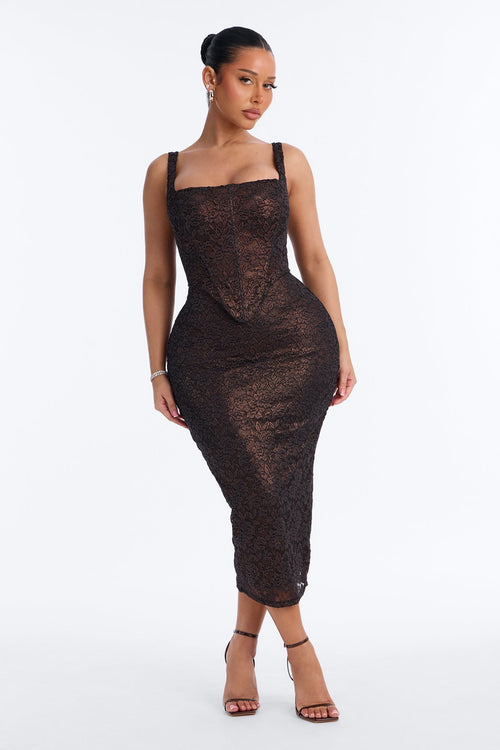 Robe midi Cici Corset en dentelle métallisée - Marron