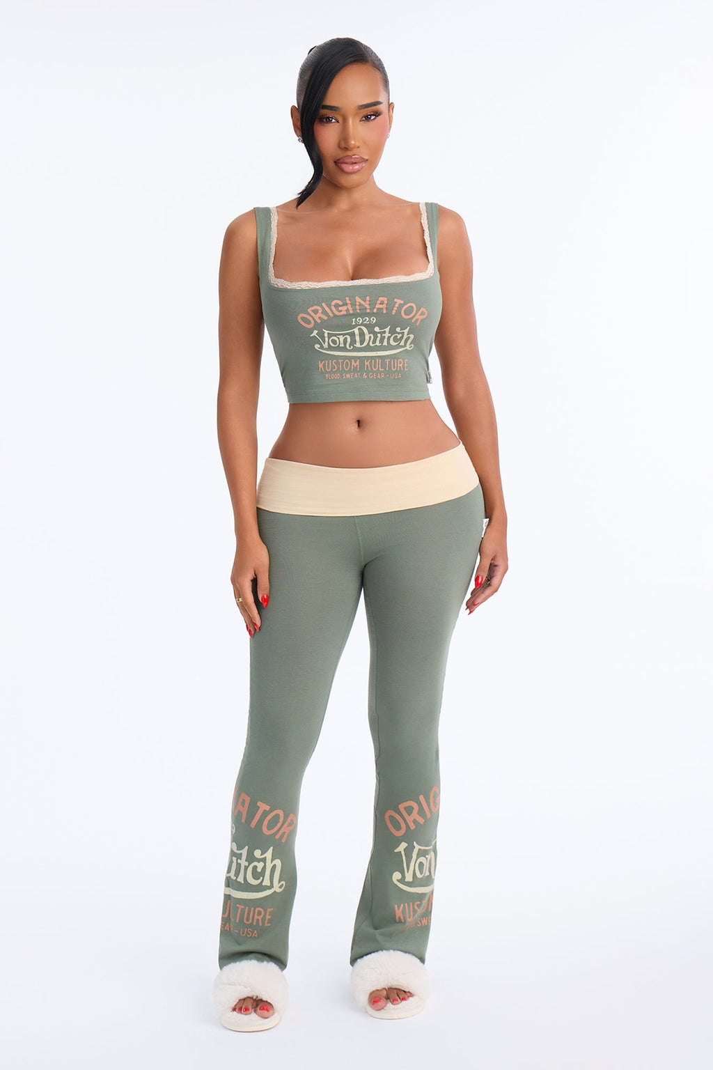 Ensemble de Pyjama Pantalon Évasé en Dentelle Kustom Kulture Von Dutch Original - Olive/Combo