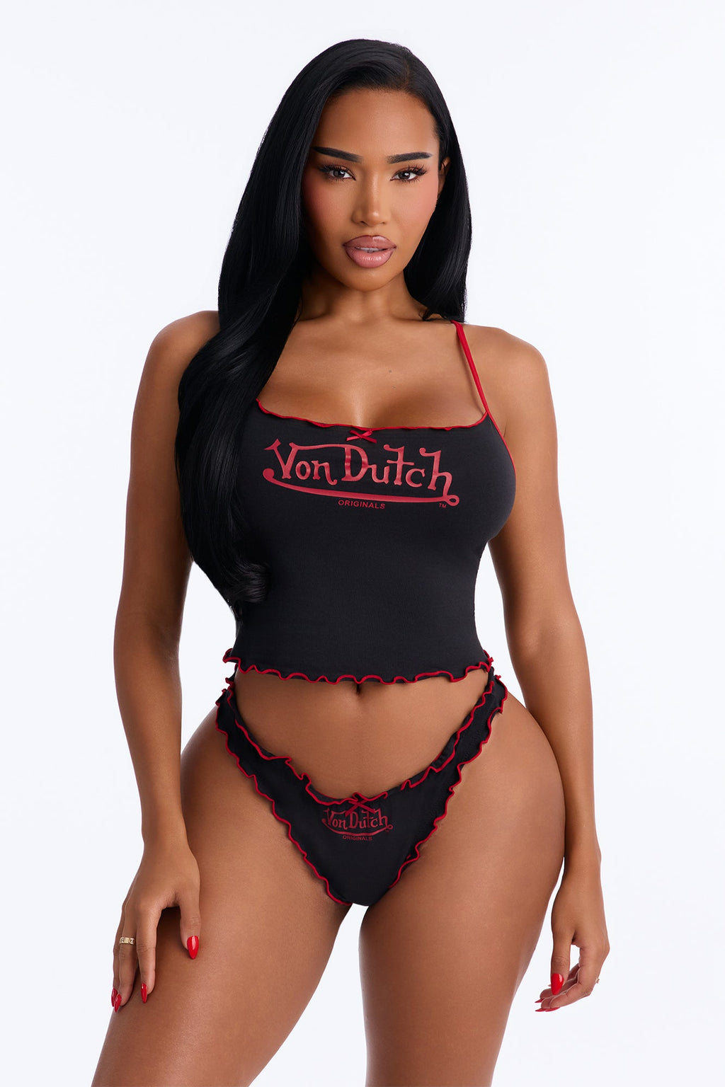 Ensemble 2 pièces caraco Von Dutch Lacy Trim Lettuce Edge - Noir/Rouge